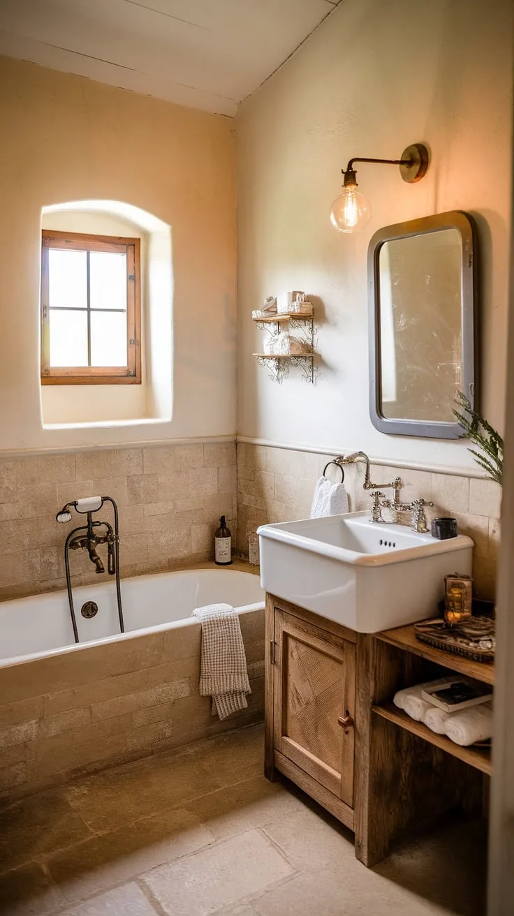 Indulge in the simple pleasures of this rustic retreat. A freestanding tub, vintage sink, and warm lighting combine to create a bathroom sanctuary. A space designed for unwinding and reconnecting with yourself.