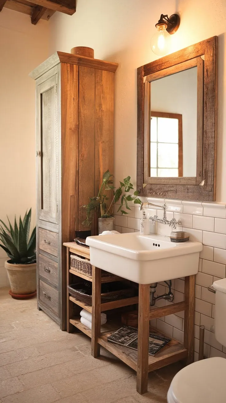 Warm lighting and rustic charm blend seamlessly in this farmhouse bathroom, creating a tranquil escape. The white sink, wooden cabinet, and aged mirror frame all contribute to a space that feels both inviting and effortlessly stylish. A touch of greenery adds a refreshing element.