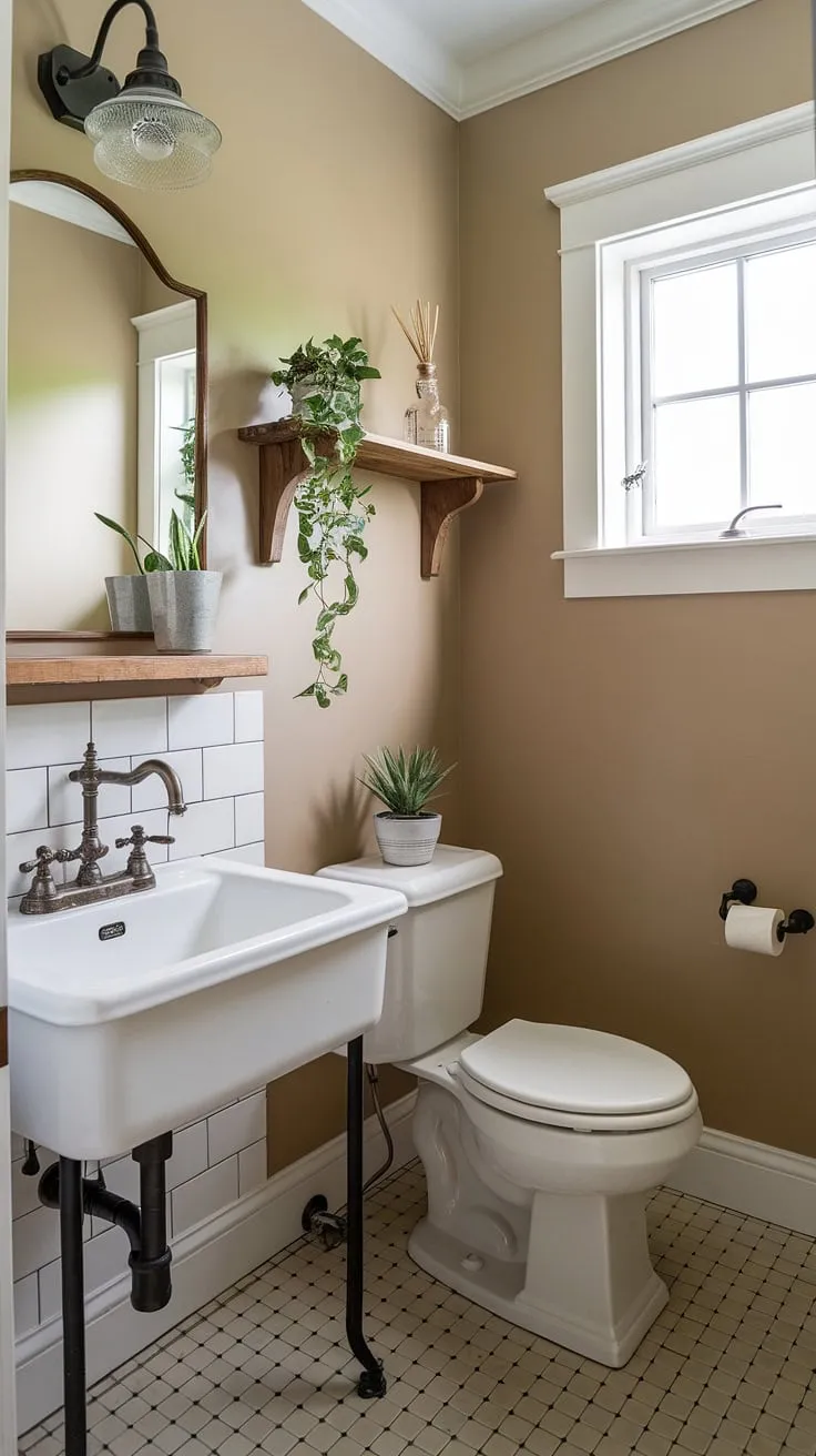 This cozy half bathroom boasts a delightful blend of farmhouse style and practical design. The beige walls and white sink create a clean and airy atmosphere, complemented by the vintage faucet and charming checkered floor. A small window and a potted plant add a touch of nature's tranquility to this inviting space.