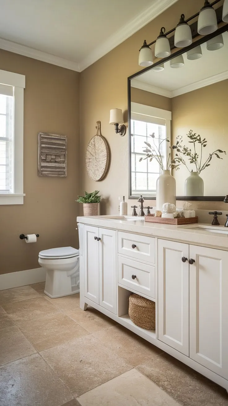 A touch of rustic elegance defines this inviting half bath. The clean lines of the white vanity and the warm beige walls create a calming atmosphere. A space designed for both practicality and peaceful moments.