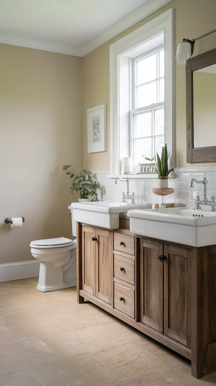 Serenity found in this farmhouse bathroom. The double vanity, bathed in natural light from the window above, offers a peaceful retreat. A touch of greenery completes the calming ambiance.
