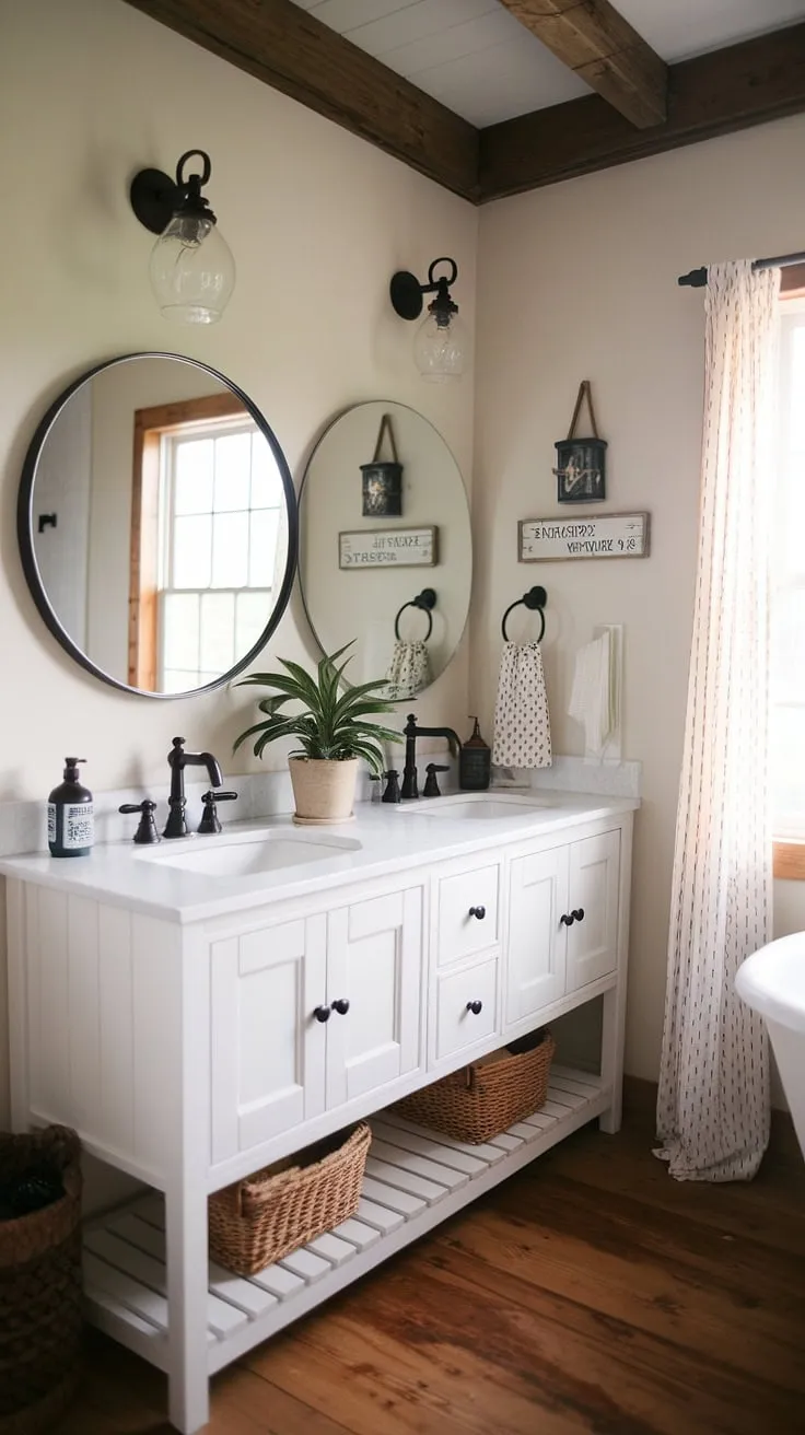 Rustic charm meets modern convenience in this farmhouse bathroom. The double vanity, complete with a sleek black faucet and a touch of greenery, creates a space that's both functional and aesthetically pleasing. Natural light streams in, highlighting the warm wood tones and handcrafted details. A perfect blend of old-world appeal and contemporary design.