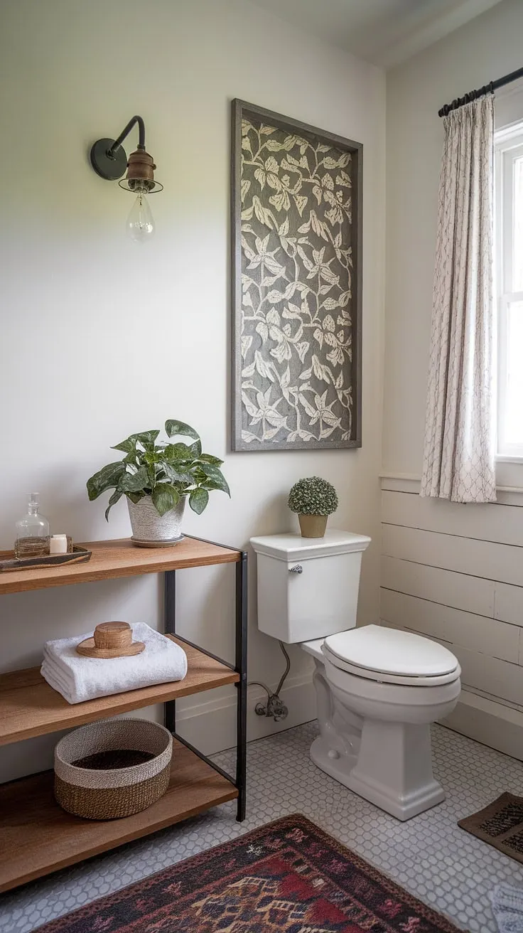 Rustic charm meets modern comfort in this farmhouse bathroom. The vintage light fixture casts a warm glow on the white walls, while the wooden shelf, adorned with a potted plant, adds a touch of nature. A patterned rug and decorative panel complete the inviting atmosphere. This space is a perfect example of how to blend a style with functionality.