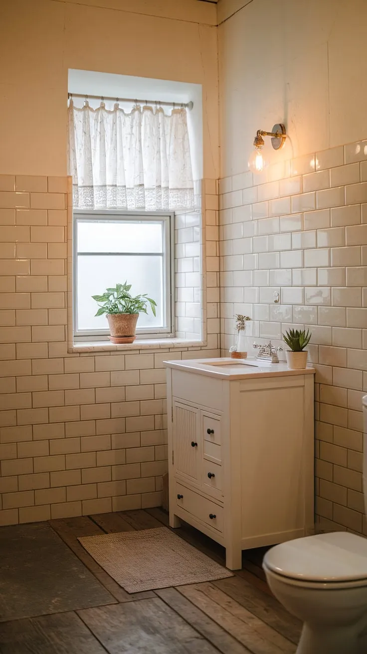 Warm light streams through the window, illuminating the charming details of this farmhouse bathroom. The beige and white tiled walls, white vanity, and wooden floors create a serene and inviting atmosphere. A touch of greenery adds life to the space, making it feel both cozy and elegant.