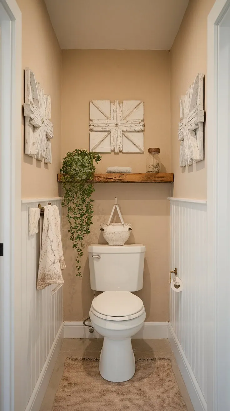 Rustic charm meets modern convenience in this cozy half bath. The warm beige walls and wooden shelf, adorned with a potted plant and decorative accents, create a tranquil and inviting space. A perfect blend of farmhouse style and understated elegance.