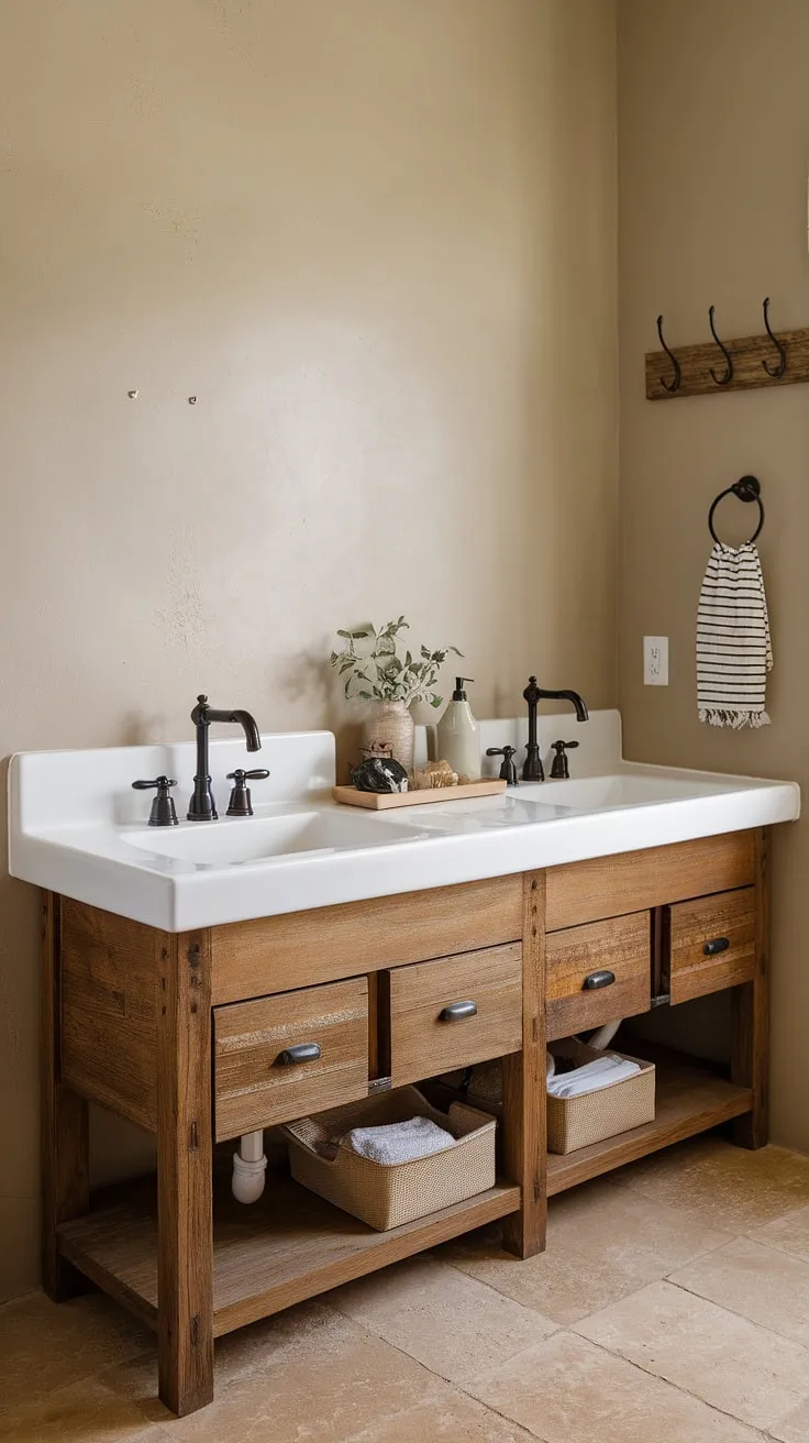 This farmhouse half bath boasts a double vanity, perfect for a busy morning. The creamy beige walls and warm wood tones create a serene and inviting atmosphere. A touch of rustic charm with modern convenience.