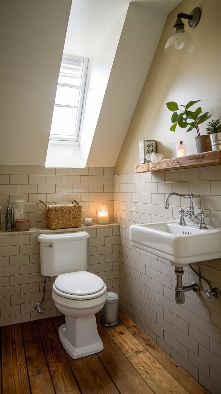 Rustic charm meets modern convenience in this cozy half bath. The vintage faucet and beige tile create a warm, inviting atmosphere, while the small window and wooden floors add a touch of farmhouse elegance. A simple shelf above the toilet holds a few carefully chosen accents, completing the space.