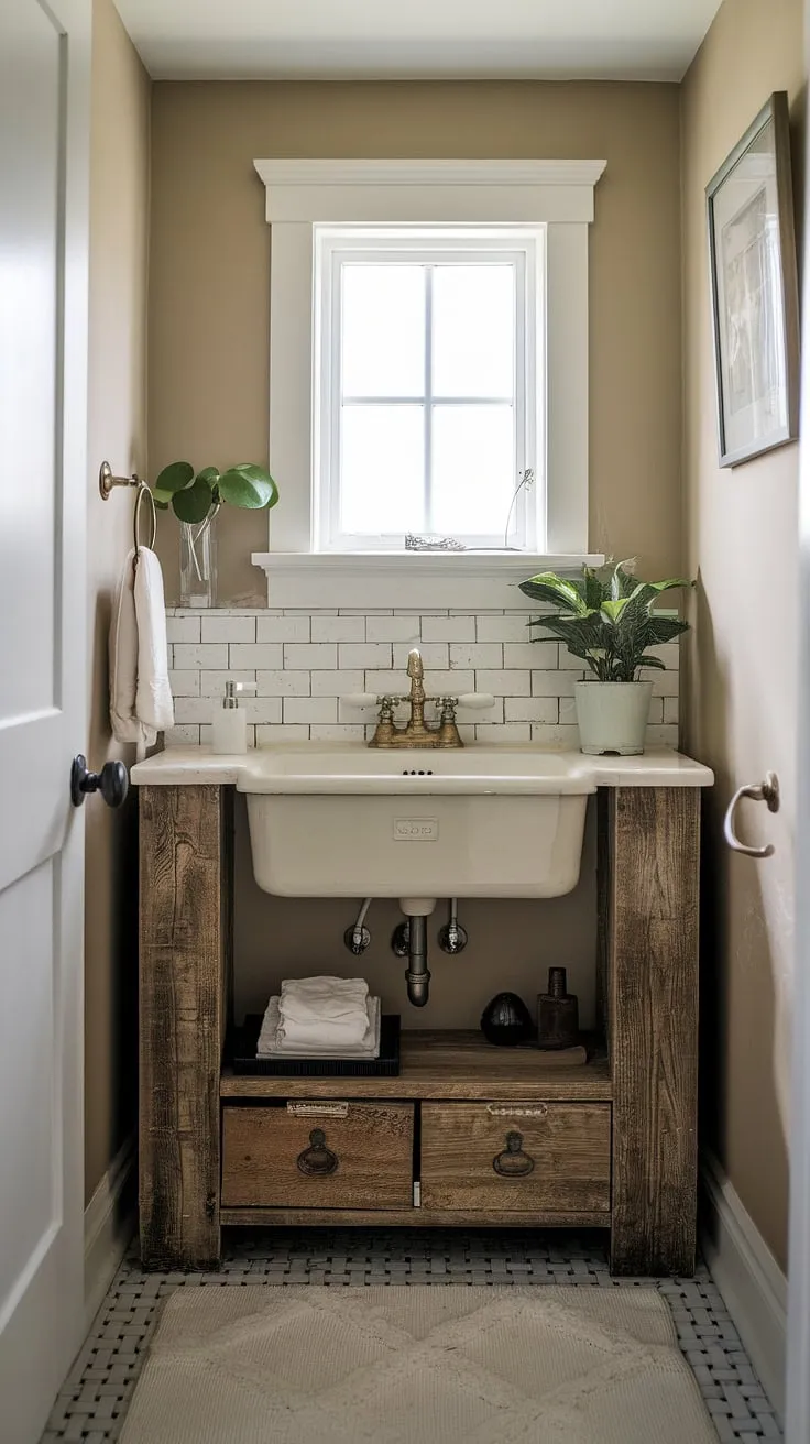 Rustic charm meets modern convenience in this charming half bath. The vintage sink and brass faucet add a touch of old-world elegance, while the wooden cabinet provides ample storage. A small window lets in natural light, creating a serene and inviting space. The potted plant adds a touch of life and freshness.