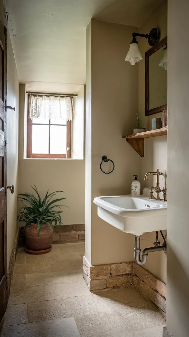 Rustic charm meets modern convenience in this charming farmhouse half-bath. The vintage faucet and wooden shelf add character, while the simple white sink and beige tile floor create a clean and inviting space. A touch of greenery completes the serene atmosphere.