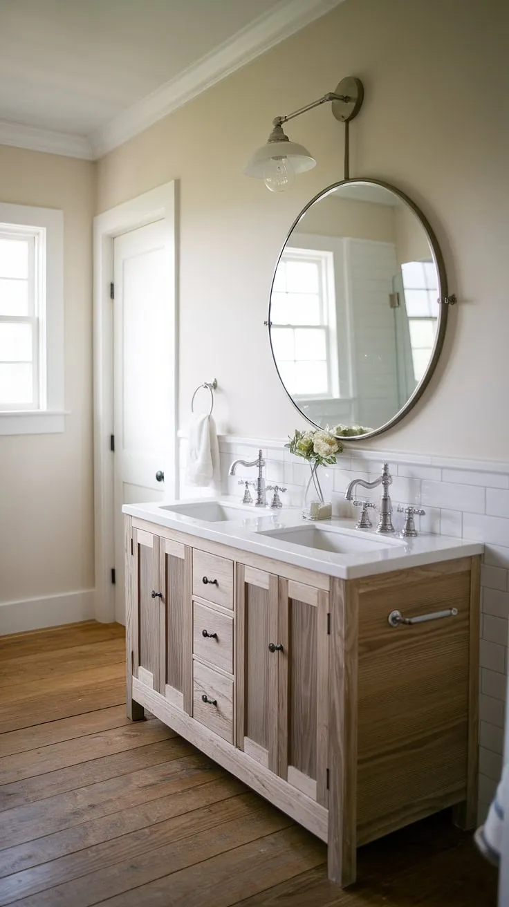 This farmhouse bathroom's serene atmosphere, achieved with a double vanity and a round mirror, is the perfect blend of rustic charm and modern convenience. The light wood floors and soft wall color create a space that feels both inviting and airy. A true sanctuary.