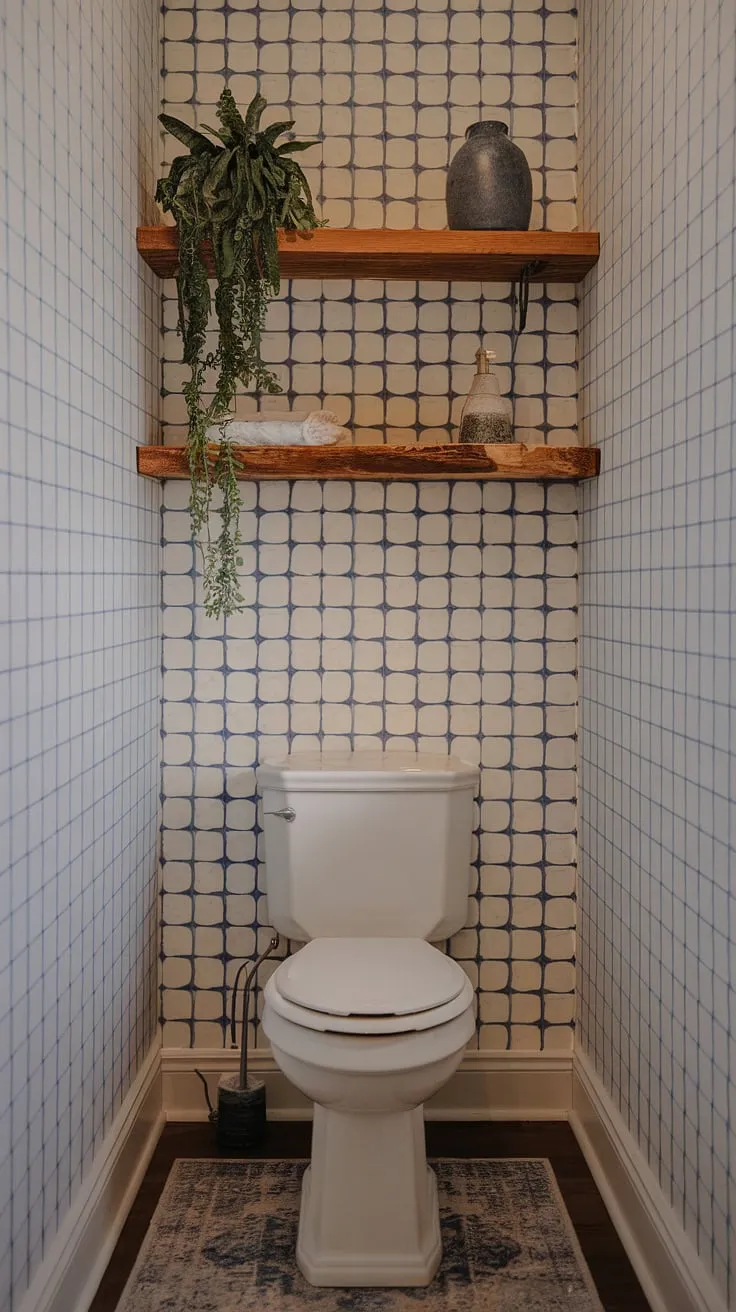 Rustic charm meets modern comfort in this farmhouse bathroom. The blue and white checkered wallpaper adds a touch of whimsy, while the wooden shelf, adorned with a potted plant and vase, provides a touch of nature and a personalized style.