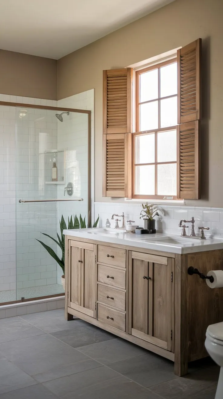 Rustic charm meets modern comfort in this farmhouse bathroom. The double vanity, grey tile floor, and window with wooden shutters create a serene and inviting space, perfectly complemented by the lush greenery. A perfect blend of old-world elegance and contemporary style.