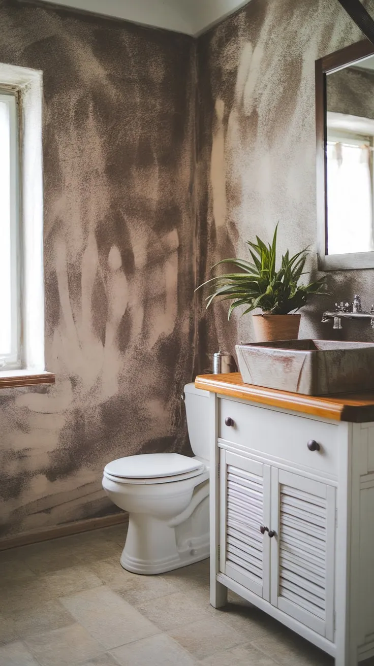 The rustic elegance of this bathroom is undeniable. The textured walls, wooden countertop, and white fixtures create a harmonious blend of styles. The addition of a potted plant brings a touch of nature indoors, completing this calming and inviting space. A perfect example of understated luxury.
