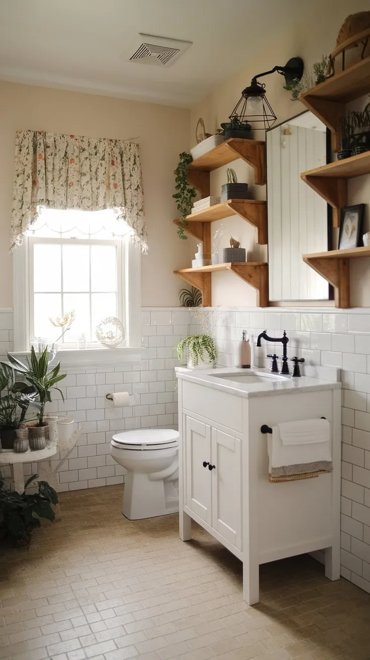 This bathroom effortlessly blends farmhouse aesthetics with a touch of contemporary design. A black sink and faucet provide a striking contrast to the white vanity, while the wooden shelving and lush greenery add warmth and character. The result? A serene and stylish space that's both functional and beautiful.
