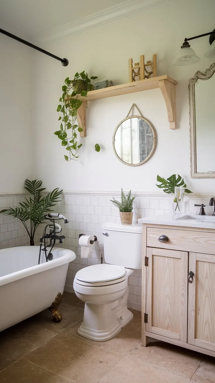 This charming farmhouse bathroom is the epitome of understated elegance. The simple design, featuring a white bathtub and light wood vanity, is elevated by thoughtful details like the decorative mirror and potted plant, creating a tranquil and inviting atmosphere.