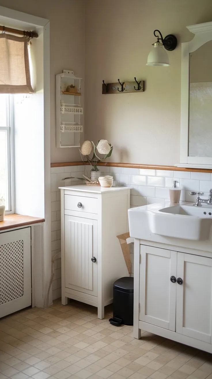 A serene escape awaits in this farmhouse bathroom. The simple elegance of the white vanity and cabinetry is perfectly complemented by the warm beige tiles and soft natural light filtering through the window. A touch of rustic charm with all the modern conveniences you need.