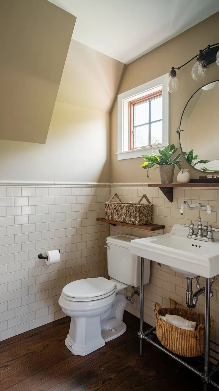 This farmhouse-style powder room is the perfect blend of rustic elegance and practical design. The white toilet and sink, accented by a vintage faucet and woven basket, offer a clean and inviting space. The string lights above the sink add a touch of whimsy, while the small window and potted plant bring the outdoors in.