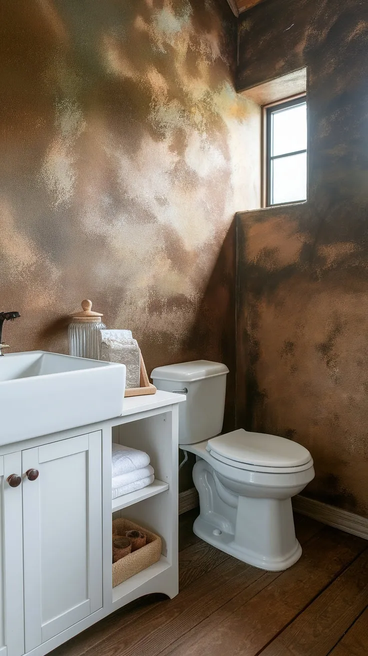 A charming half bath, perfectly styled for a peaceful escape. The rustic wall texture complements the clean lines of the white sink, toilet, and cabinet, creating a balanced aesthetic. Simple details, like the rolled towels and wooden-lidded jar, add a touch of warmth and personality to this inviting space.