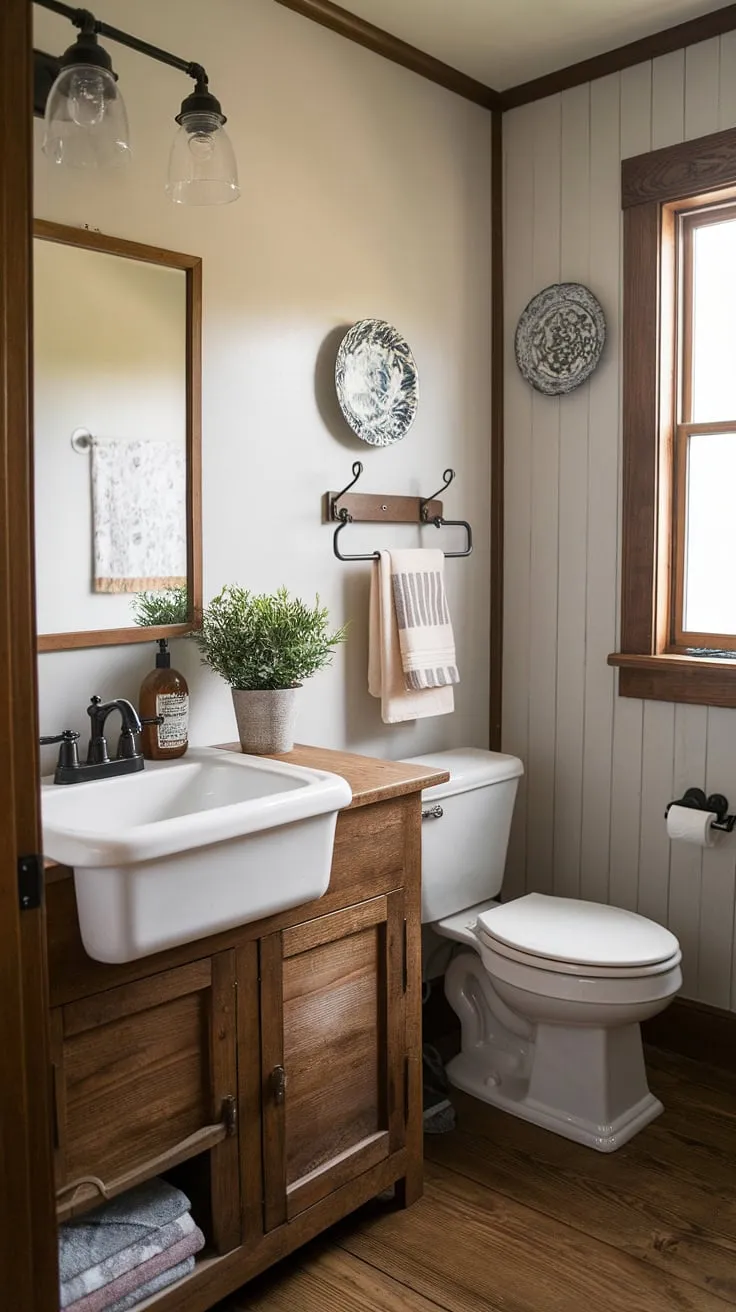 Rustic charm meets modern comfort in this farmhouse bathroom. The aged wood tones, paired with the crisp white sink and thoughtfully placed greenery, create a serene and inviting space. A perfect blend of vintage aesthetics and practical design.
