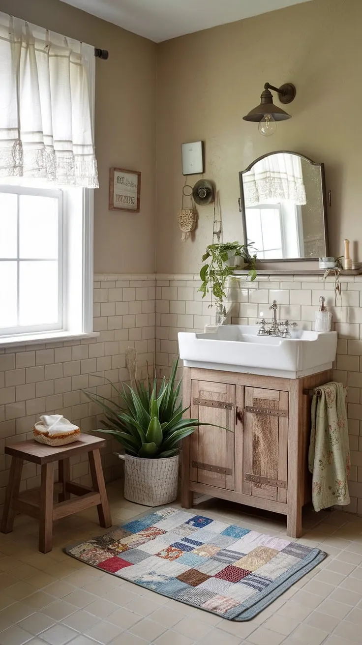 Rustic elegance meets modern convenience in this charming bathroom. The aged wood vanity complements the beige tile beautifully, creating a serene atmosphere. A simple yet stylish space, perfect for unwinding after a long day. The addition of a small plant and a comfortable stool completes the inviting ambiance.