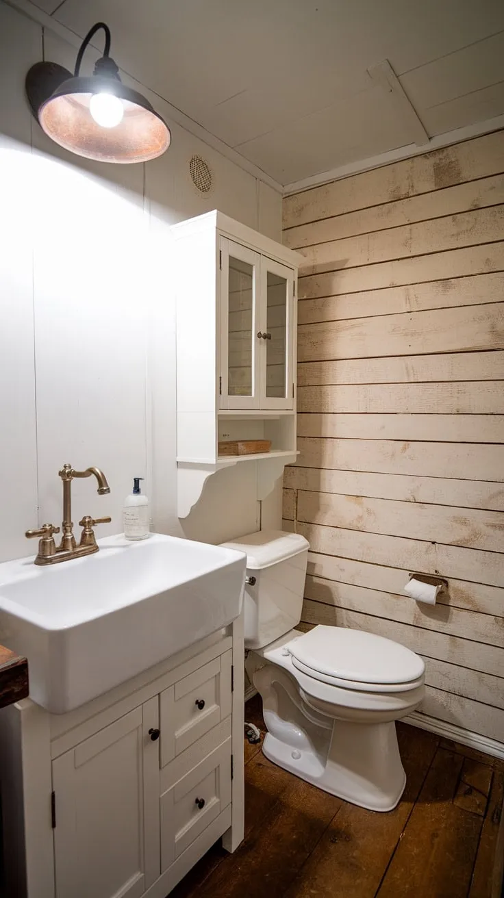 Step into tranquility. This farmhouse bathroom, with its aged wood paneling, vintage faucet, and warm wood floors, offers a serene escape. The simple elegance of the white fixtures creates a space of understated luxury.