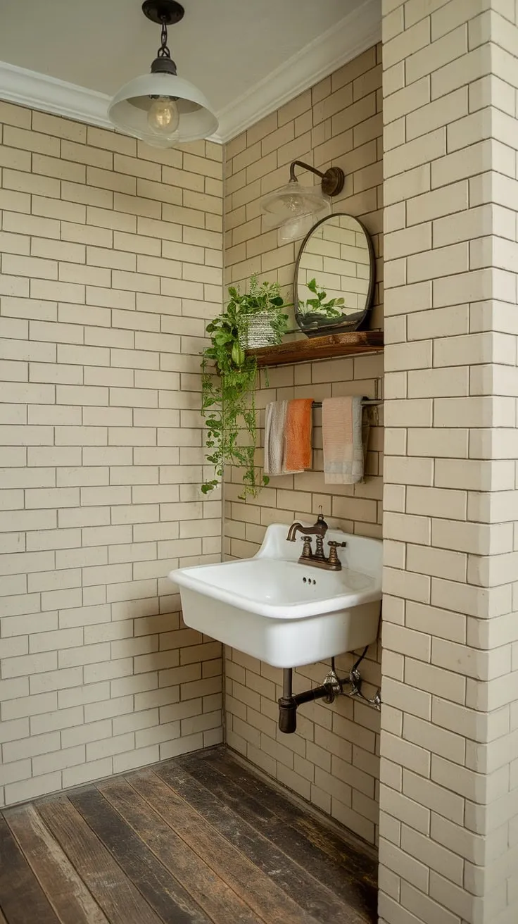 This cozy half bath is a testament to thoughtful design. The blend of vintage details, like the light fixture and worn wood flooring, with updated elements, such as the elegant sink and faucet, creates a space that is both stylish and functional. A simple shelf adds a personal touch.