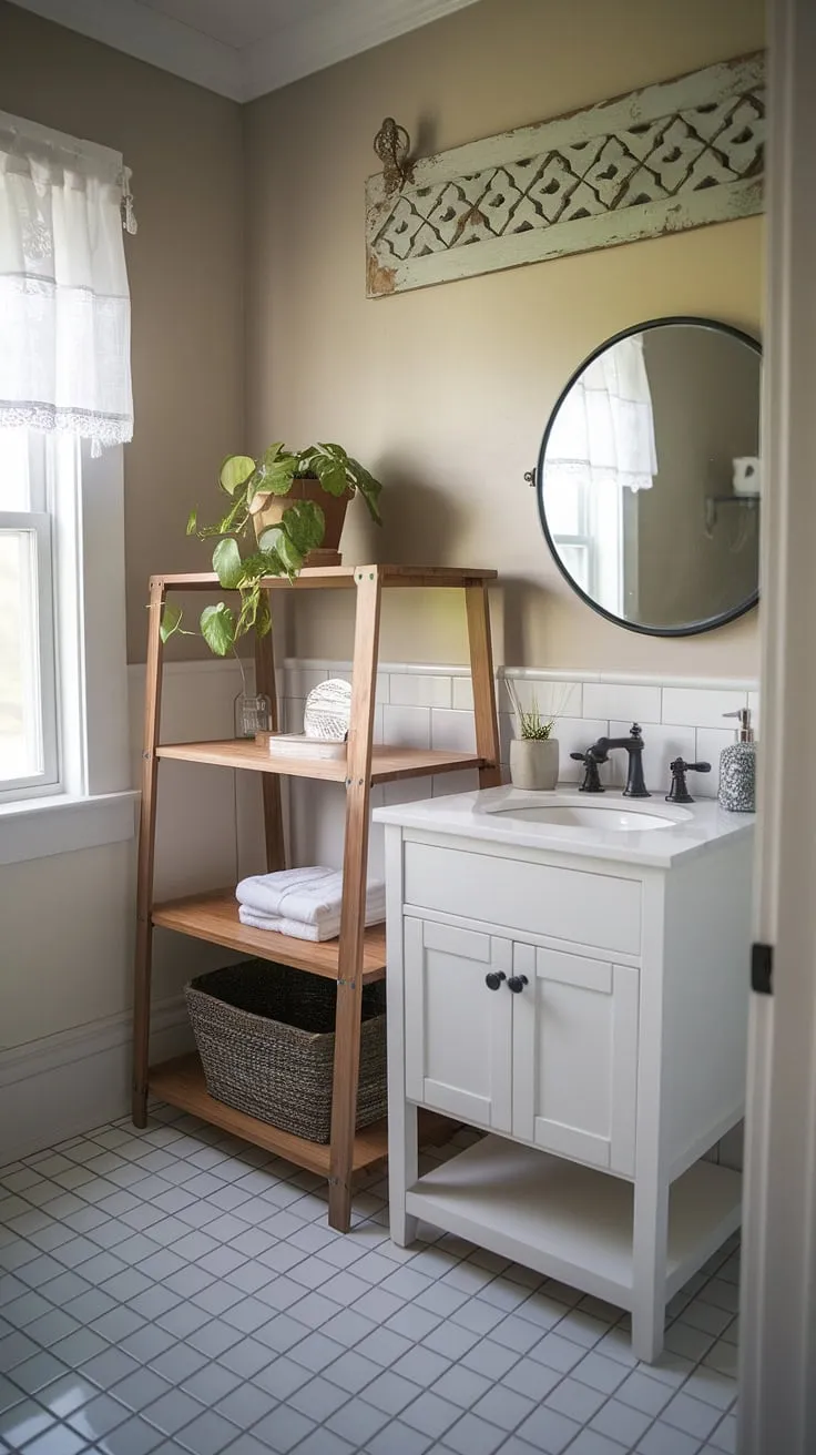 This charming half bath, with its white vanity and rustic wooden shelf, perfectly blends farmhouse style and modern convenience. The distressed wall detail adds character, while the simple elegance of the round mirror and potted plant creates a serene and inviting space. A touch of nature and thoughtful design make this small space feel surprisingly spacious.