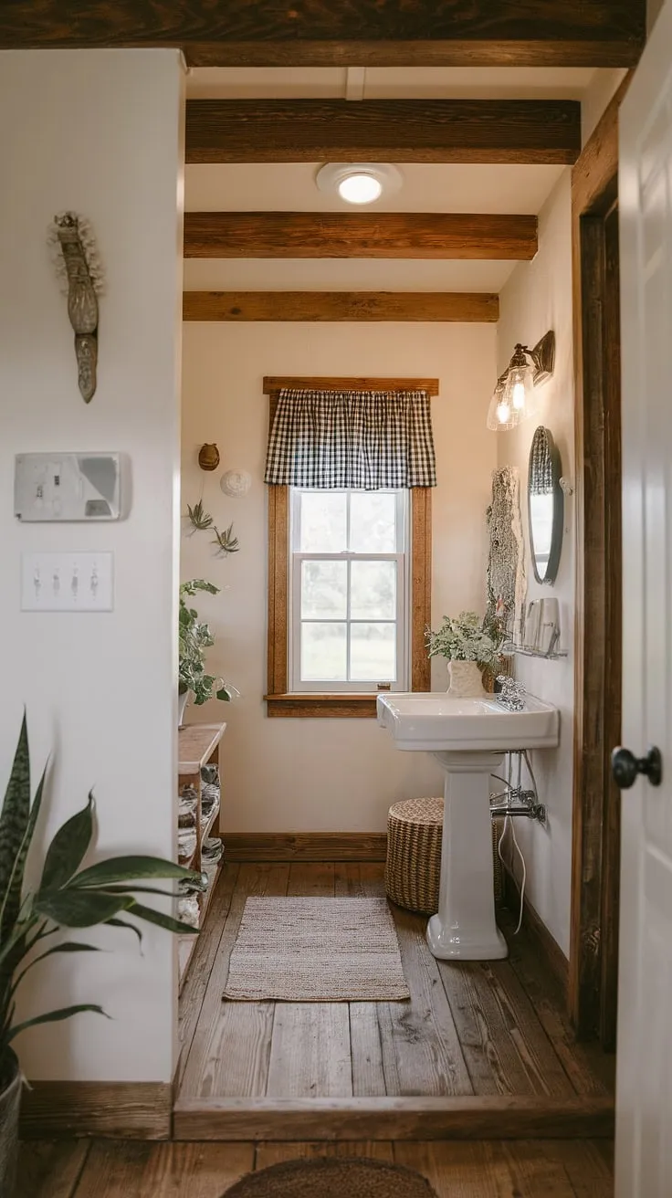 Rustic charm meets modern convenience in this charming half bath. The white pedestal sink and wooden beams create a space that's both elegant and inviting, perfectly complemented by the checkered window and cozy rug. A touch of greenery adds a refreshing, natural element.
