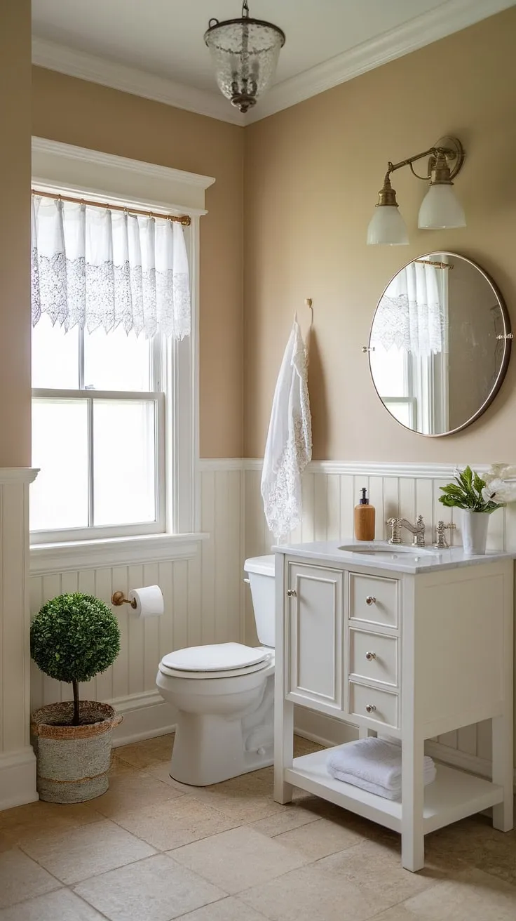 This charming half bath, with its vintage chandelier and soft beige walls, offers a peaceful retreat. The white vanity and round mirror add a touch of elegance, while the small potted plant brings a bit of the outdoors in. A perfect blend of rustic charm and modern convenience.