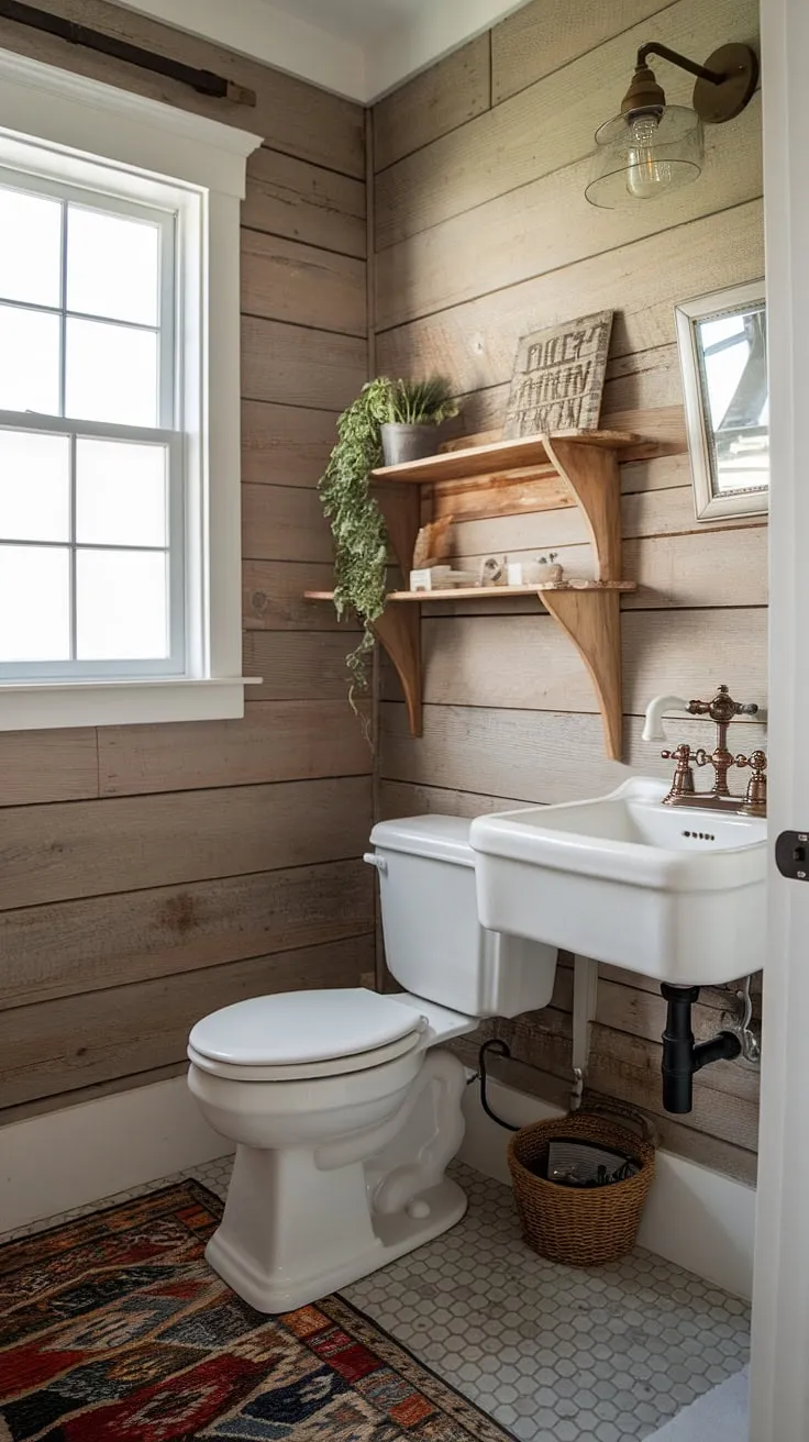 Rustic charm meets modern convenience in this farmhouse half bath. The vintage faucet and wooden accents create a cozy atmosphere, while the patterned rug and strategically placed plant add a touch of personality. A perfect blend of old and new.