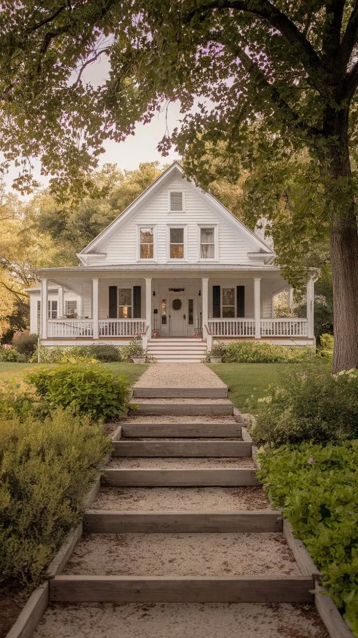 This charming white farmhouse, with its vintage allure and inviting wraparound porch, offers a serene sanctuary amidst nature's beauty.