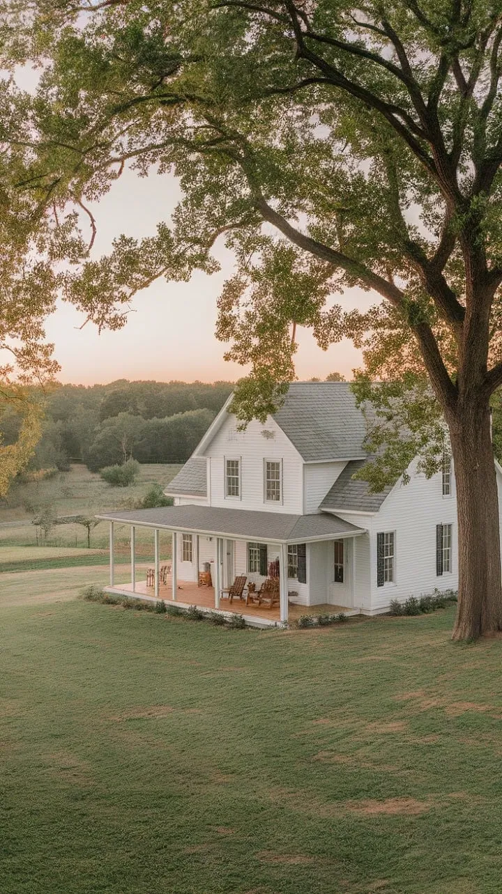 This new build harmoniously blends modern farmhouse charm with timeless elegance, featuring a vintage exterior and a wrap-around porch that beckons for tranquil moments amidst sprawling landscapes.