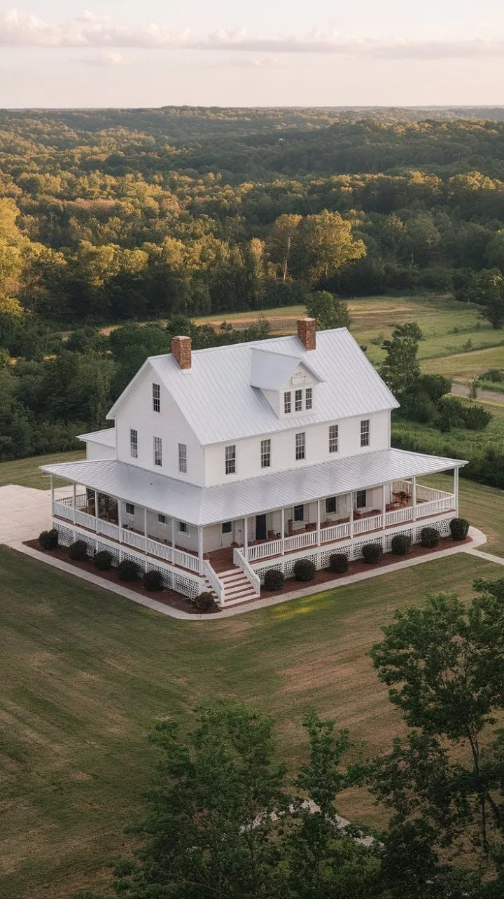 This exquisite new farmhouse, blending vintage charm with modern craftsmanship, boasts a serene wrap-around porch and lush greenery, epitomizing tranquil country living.