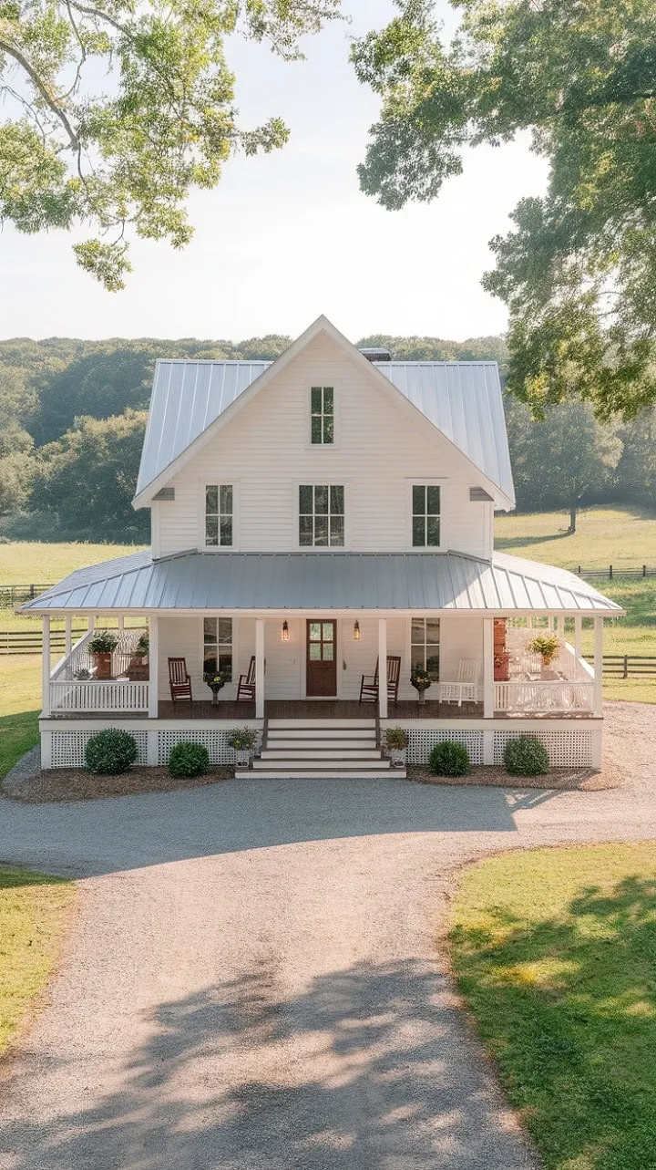 This stunning new farmhouse harmoniously combines vintage charm and modern elegance, set on expansive grounds with a cozy wrap-around porch for idyllic country living.