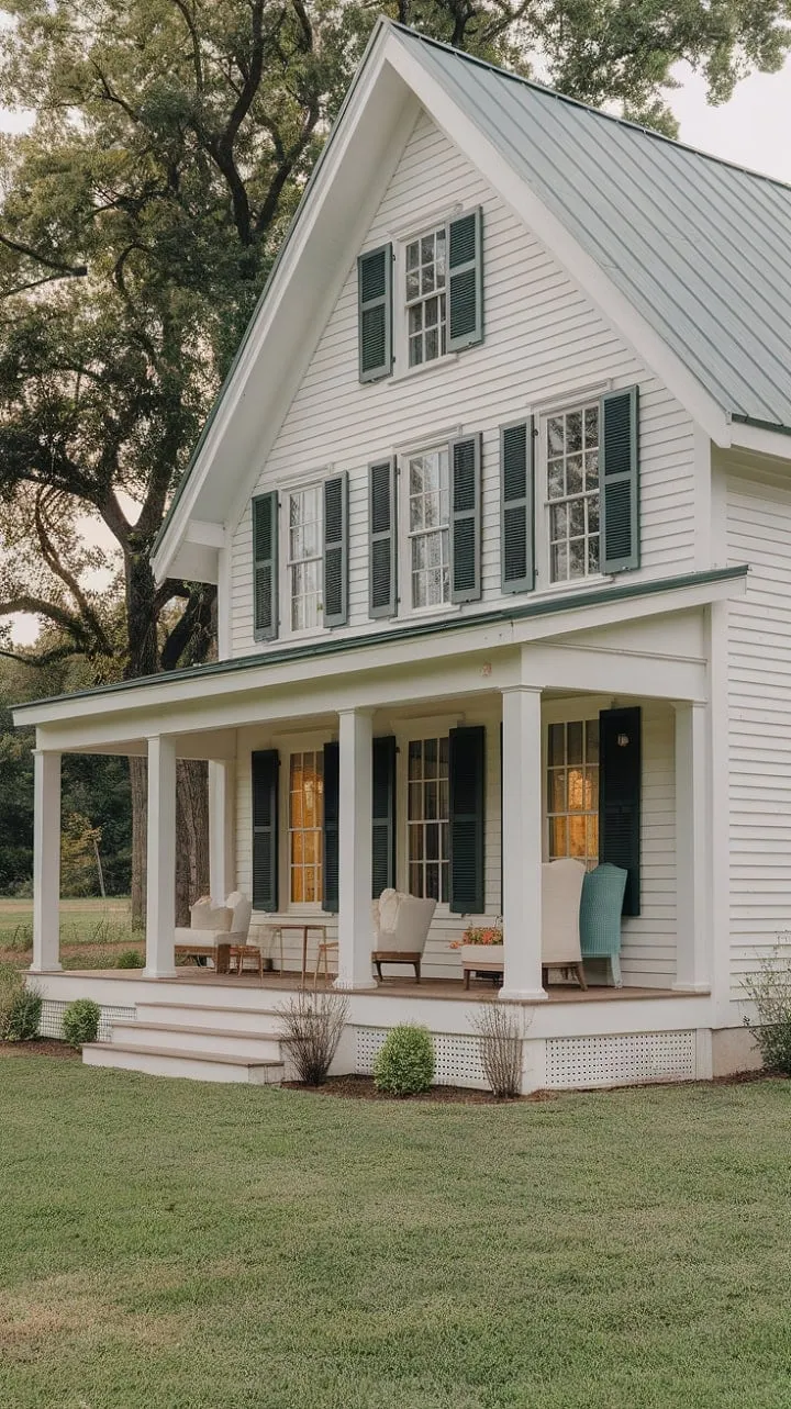 This vintage farmhouse masterfully combines modern luxury with classic charm, inviting you to relax on its serene wrap-around porch amidst lush greenery.