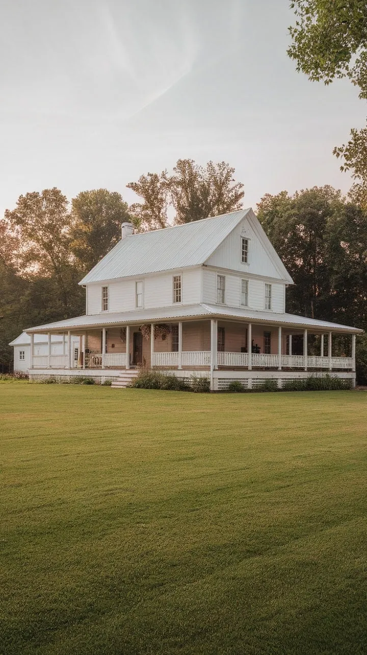 This charming white farmhouse, with its inviting wraparound porch and expansive grounds, captures the essence of serene country living.