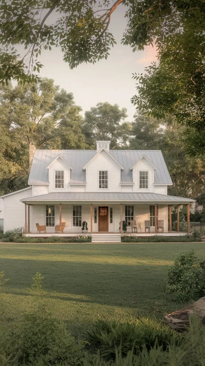 This stunning farmhouse harmoniously fuses vintage charm with modern luxury, offering an idyllic retreat with expansive grounds and a welcoming porch.