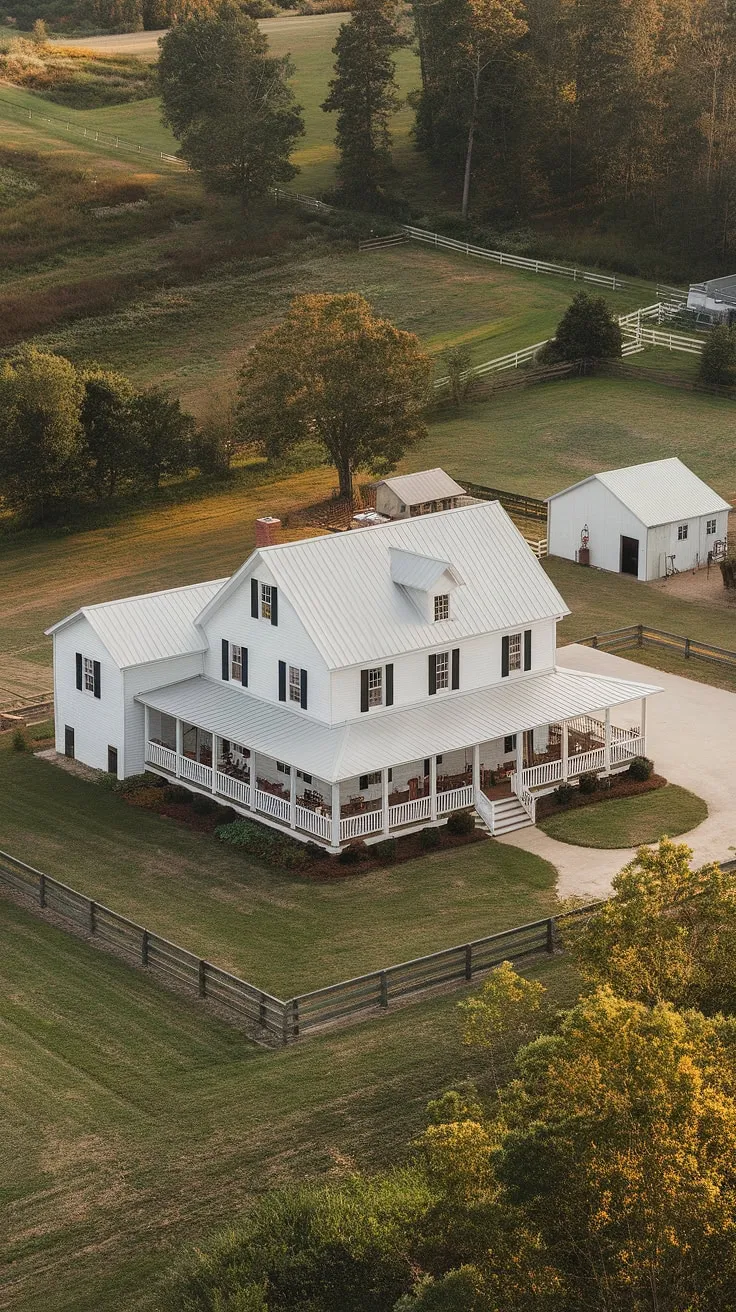 This new build farmhouse masterfully blends modern comfort with timeless charm, showcasing the beauty of a vintage exterior on a sprawling acreage. The wrap-around porch invites relaxation, while the surrounding lush greenery and outbuildings complete the idyllic country setting. A perfect blend of old-world aesthetics and contemporary living.