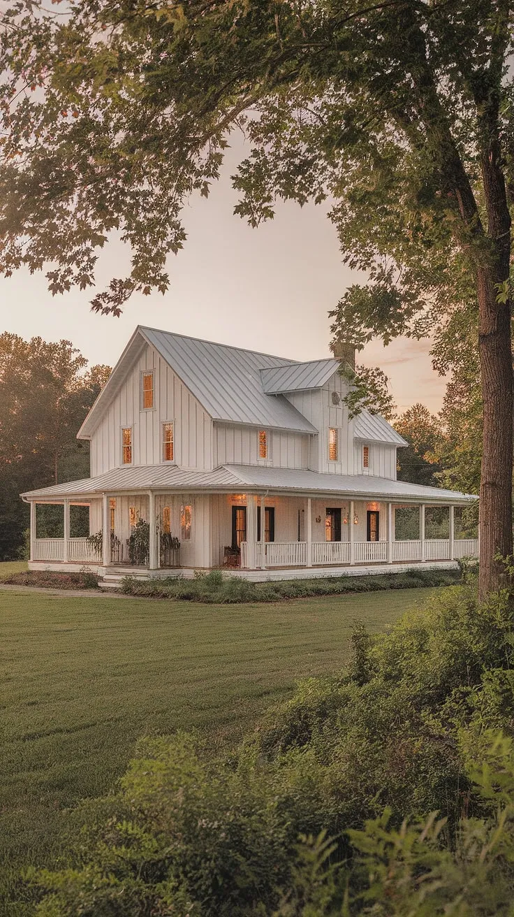 Escape to this idyllic farmhouse, nestled on sprawling acreage. The crisp white exterior and wraparound porch offer a timeless elegance, while the surrounding landscape provides a tranquil retreat. A perfect blend of rustic charm and modern comfort awaits.