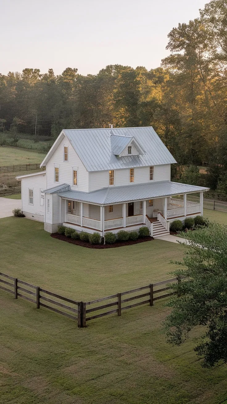 Nestled on a sprawling property, this stunning new farmhouse seamlessly blends rustic aesthetics with modern comforts. A vintage-inspired exterior, complete with a welcoming wrap-around porch, sets the stage for a life of tranquility. The exposed wooden beams and metal roof add character, while the surrounding lush greenery and wooden fence create a private oasis. A dream home realized.