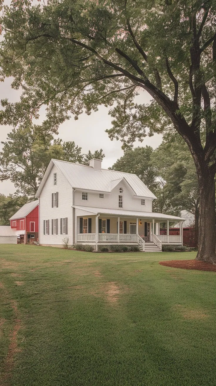 This new build vintage farmhouse perfectly blends modern comfort with timeless charm. The expansive wrap-around porch invites relaxation, overlooking acres of lush green fields and the charming red barn, a testament to the property's idyllic country setting. A true escape.