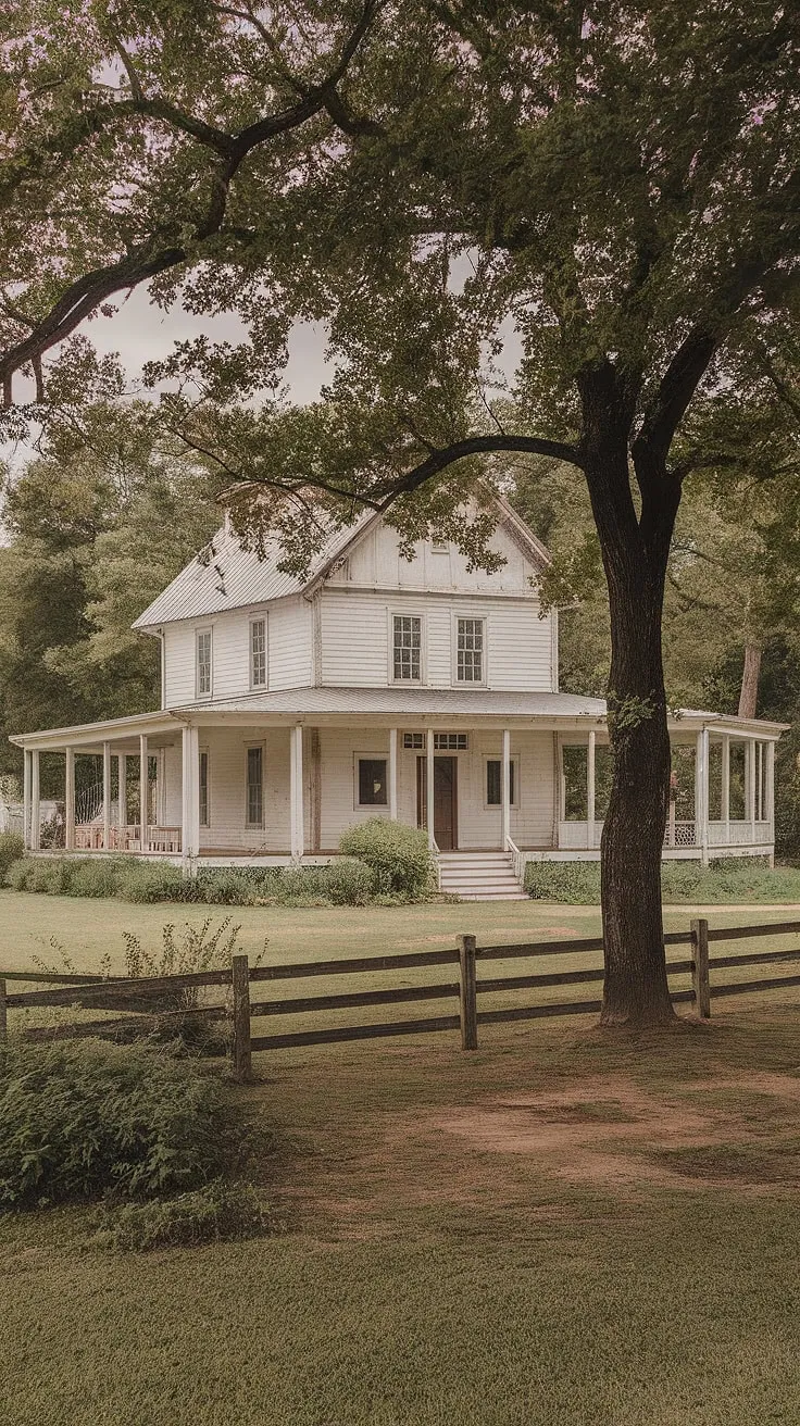 This vintage white farmhouse, nestled on sprawling acreage, whispers tales of simpler times. The wrap-around porch, shaded by mature trees, invites quiet contemplation and lazy summer afternoons. A perfect blend of rustic charm and tranquil serenity.