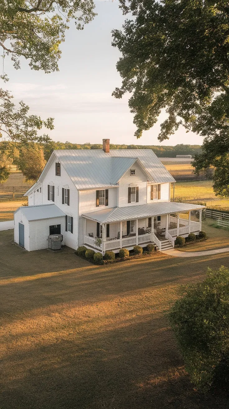 This white farmhouse, a testament to enduring charm, sits serenely on sprawling acreage, its vintage details whispering stories of generations past. The wrap-around porch beckons, promising quiet evenings and breathtaking sunsets over the peaceful rural landscape. A true sanctuary, it offers a timeless escape from the everyday.