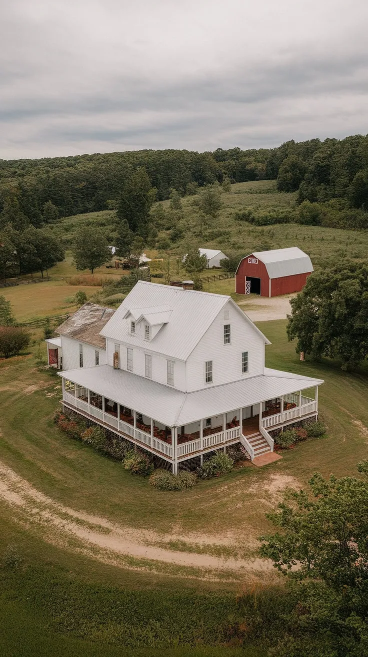 This charming white farmhouse, with its expansive porch and picturesque surroundings, embodies the essence of rural tranquility. A sense of peace permeates the air, enhanced by the rolling hills and the distant red barn. A truly captivating retreat, far from the everyday hustle.