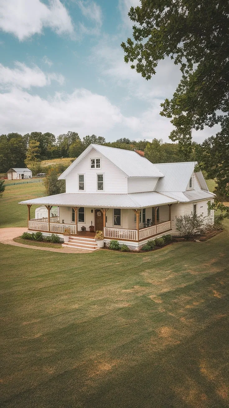 This vintage white farmhouse, perched on a hilltop overlooking its sprawling acreage, embodies the idyllic country life. The wrap-around porch beckons with promises of lazy afternoons and breathtaking sunsets, a true testament to timeless charm and peaceful living. A perfect blend of rustic elegance and modern comfort, it's more than just a house; it's a sanctuary.