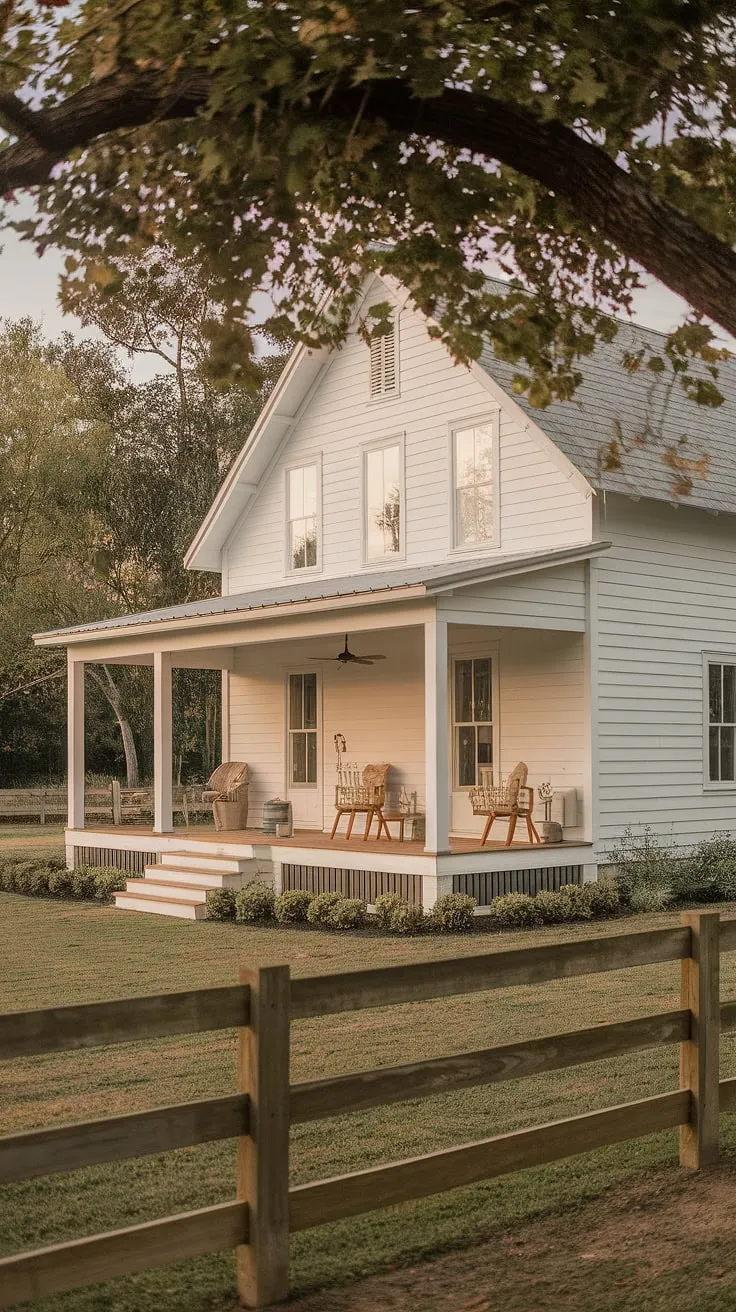 A picture-perfect blend of old and new. This stunning farmhouse boasts a fresh, white exterior, yet whispers of vintage charm with its inviting wrap-around porch and carefully chosen details. A wooden fence encloses the property, adding to the idyllic setting. A sanctuary of peace and quiet, this home is a true reflection of refined living. A place to call home.