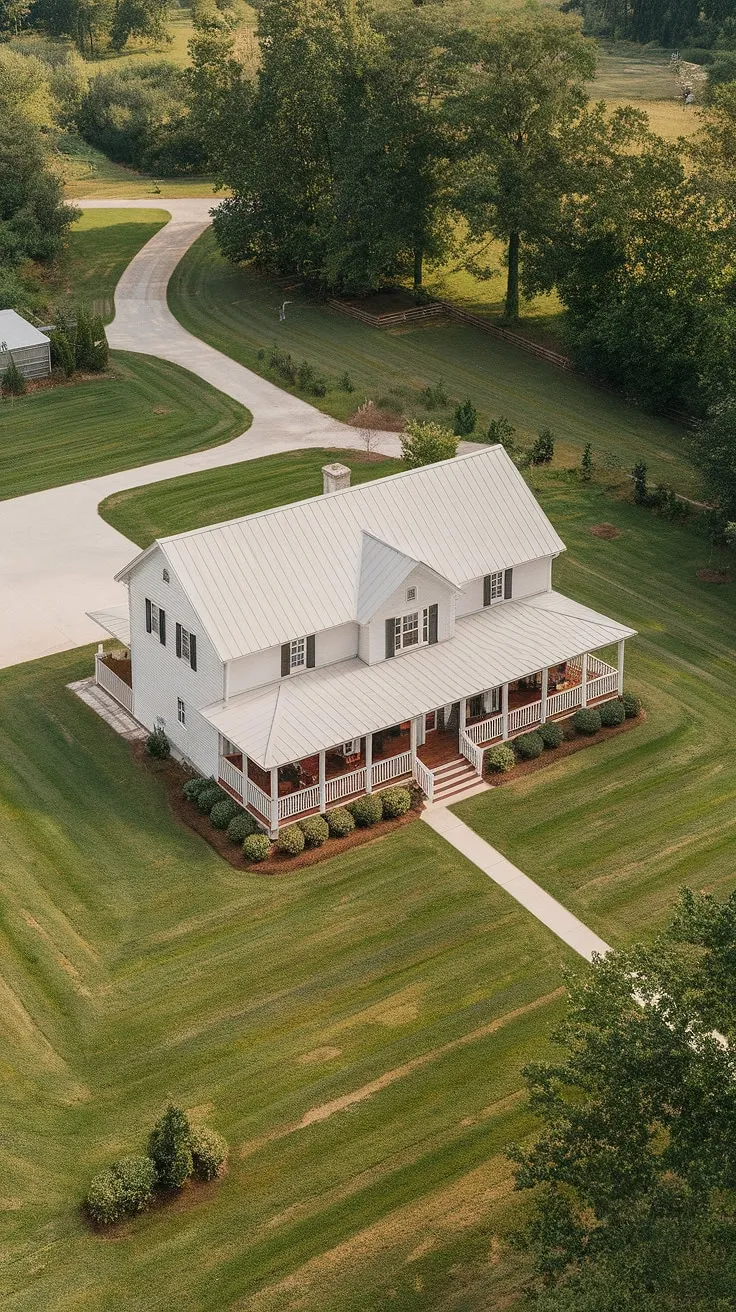 A stunning blend of old-world charm and contemporary comfort. This newly constructed farmhouse sits proudly on its expansive property, offering a peaceful retreat with a vintage-inspired façade and a welcoming wrap-around porch. A perfect escape awaits.