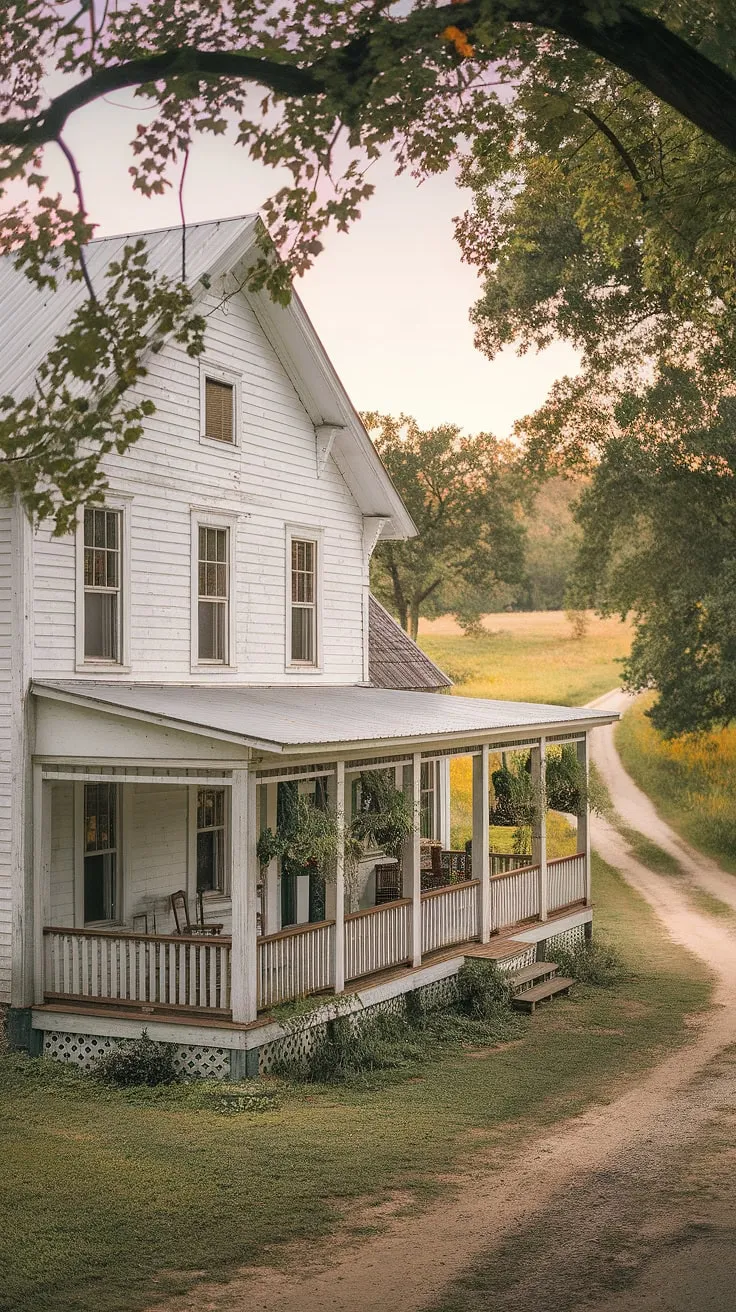 A timeless beauty, this farmhouse stands as a testament to rustic charm. Its wrap-around porch invites relaxation, while the serene acreage and quiet country road offer a sense of tranquility. A truly special place to call home.
