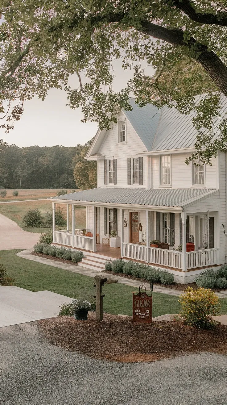 Picture-perfect serenity. This charming farmhouse, with its vintage aesthetic and expansive porch, offers a tranquil escape. The well-maintained exterior and surrounding landscape create a haven of peace and quiet, a place where dreams are built and memories are made. A true sanctuary.