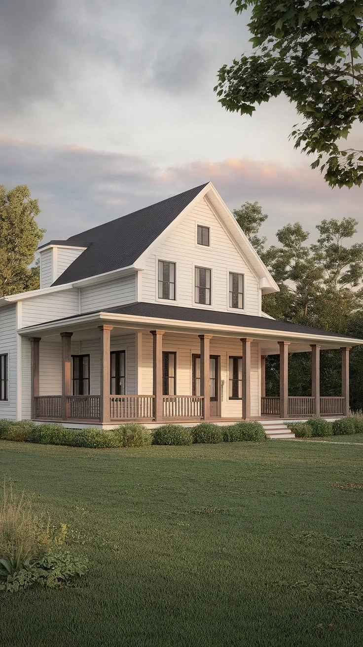 This new build farmhouse perfectly captures the serenity of acreage living. The wrap-around porch, inviting columns, and pristine white exterior promise countless peaceful evenings spent watching the sunset. A true dream home, built for a life well-lived.